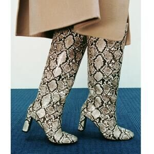 ZARA Snakeskin Print Knee High Block Heel Boots EU 40 US 9